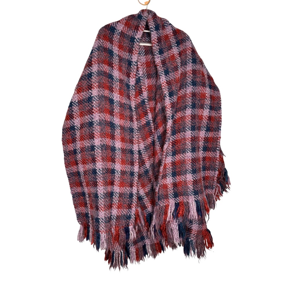 Vintage Tapestries Ireland Helena Ruuth Plaid Wool Wrap Ruana Fringe Red Purple